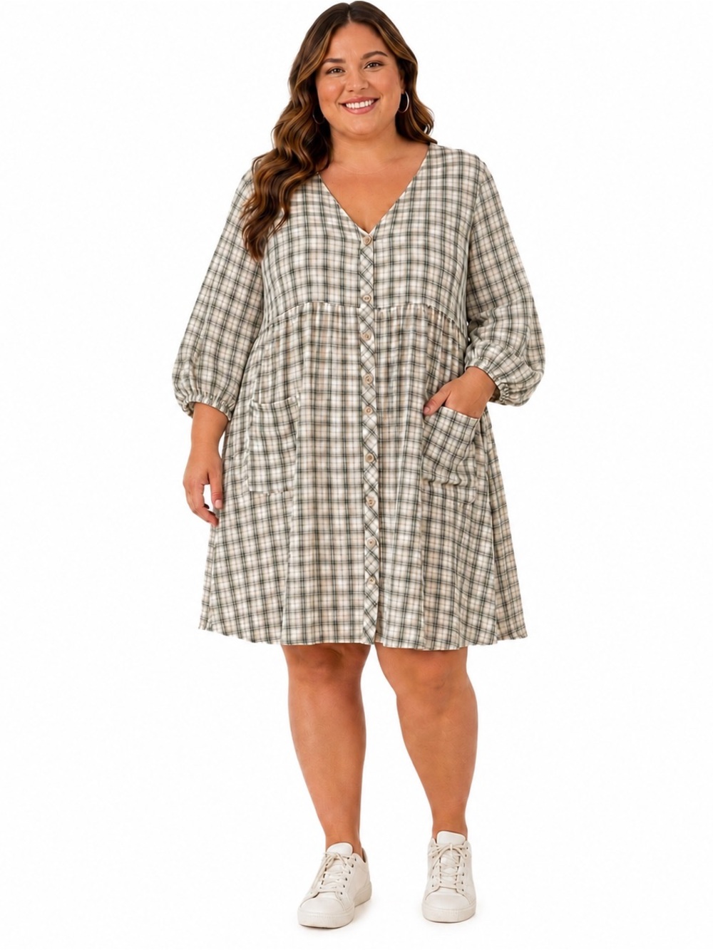 Sage Green Plaid 2XL Puff Sleeve Dress Cottagecore Button Front Prairie Pockets